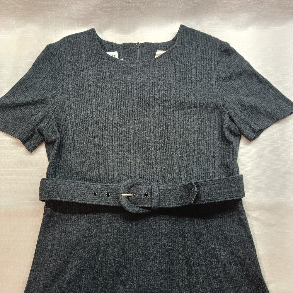 Vtg Leslie Fay Petite Midiβ Dress Gray Womens 8 Acrylic Belted USA Made Y2K 90s